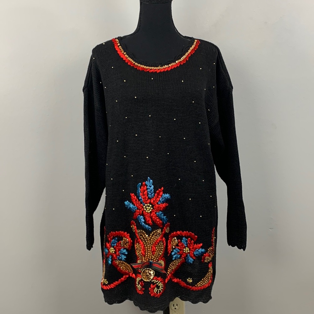 Carolina Colours Sweater Decorative Sequined Ribboned Beaded Ramie Black Medium